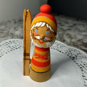 VTG Soviet Union USSR Russian Wooden Skier Folk Art Hand Painted Winter Snow